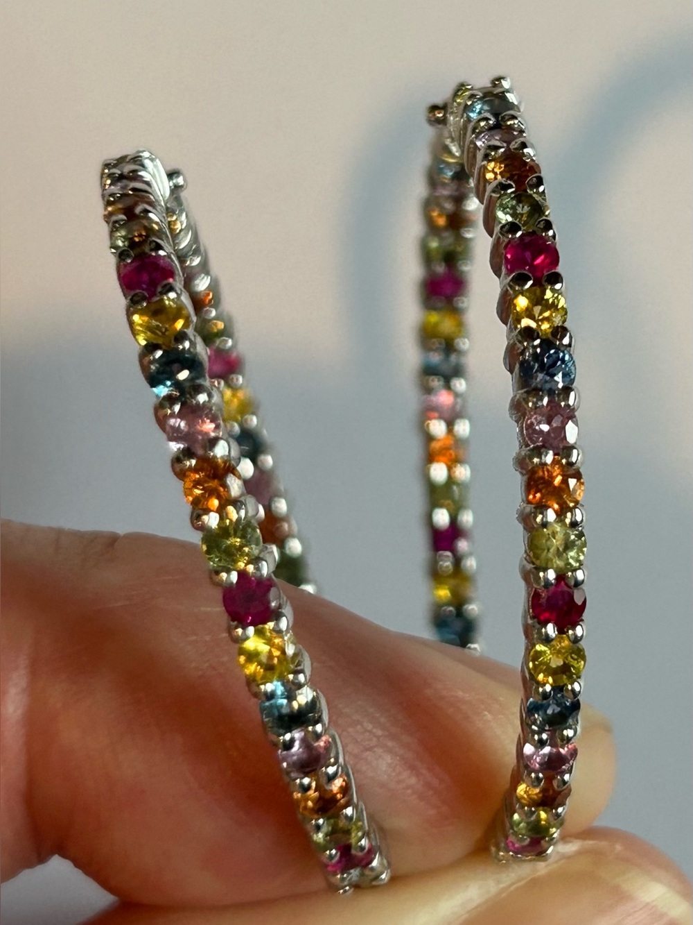 1 1/2” Multi-colored natural sapphire hoop earrings in Sterling Silver.